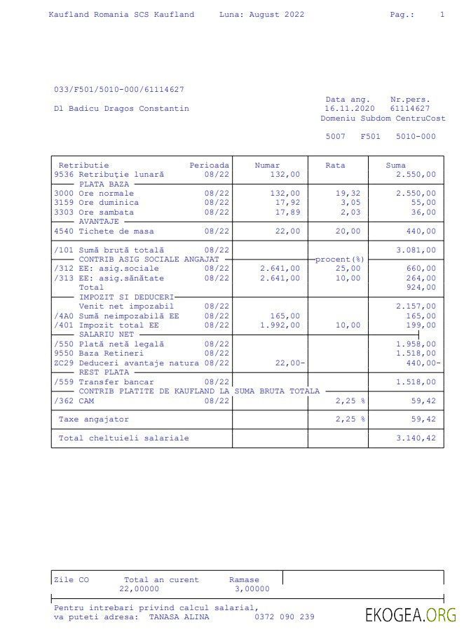 Kaufland Roumanie SCS Talon de paie